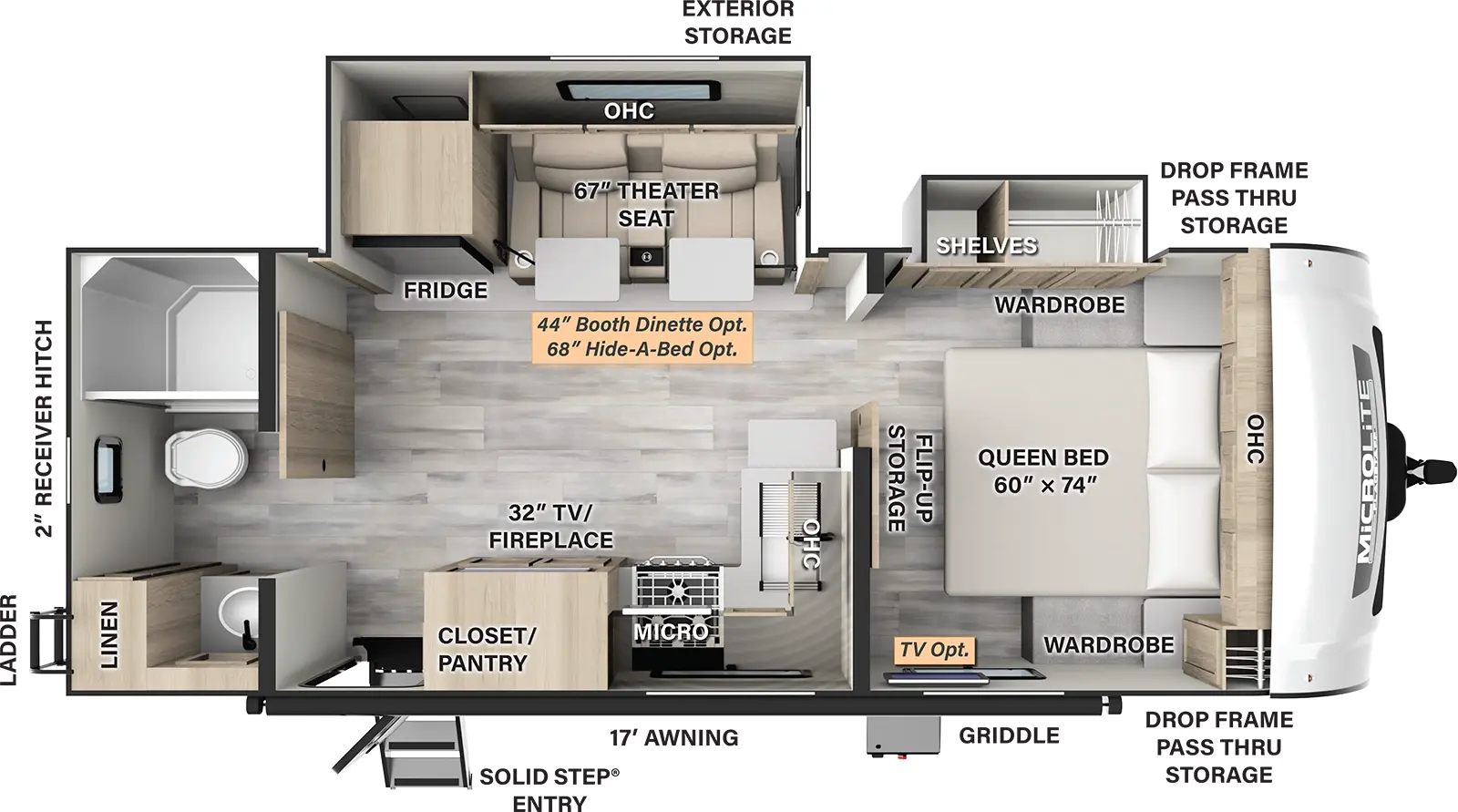 The 25FBLS has two slide outs and one entry door. Exterior features a 17 foot awning, solid step entry, front drop frame pass thru storage, off-door side exterior storage, griddle, rear ladder, and 2 inch receiver hitch. Interior layout front to back: foot-facing queen bed with flip-up storage, overhead cabinets, door side wardrobe, off-door side slide out containing shelves and wardrobe (TV optional); kitchen counter wraps from inner wall to door side with sink, overhead cabinets, microwave, cooktop, TV and fireplace, closet/pantry, and entry; off-door side slide out with theater seating with table (booth dinette or hide-a-bed optional), overhead cabinets, and refrigerator; rear full bathroom with linen closet.